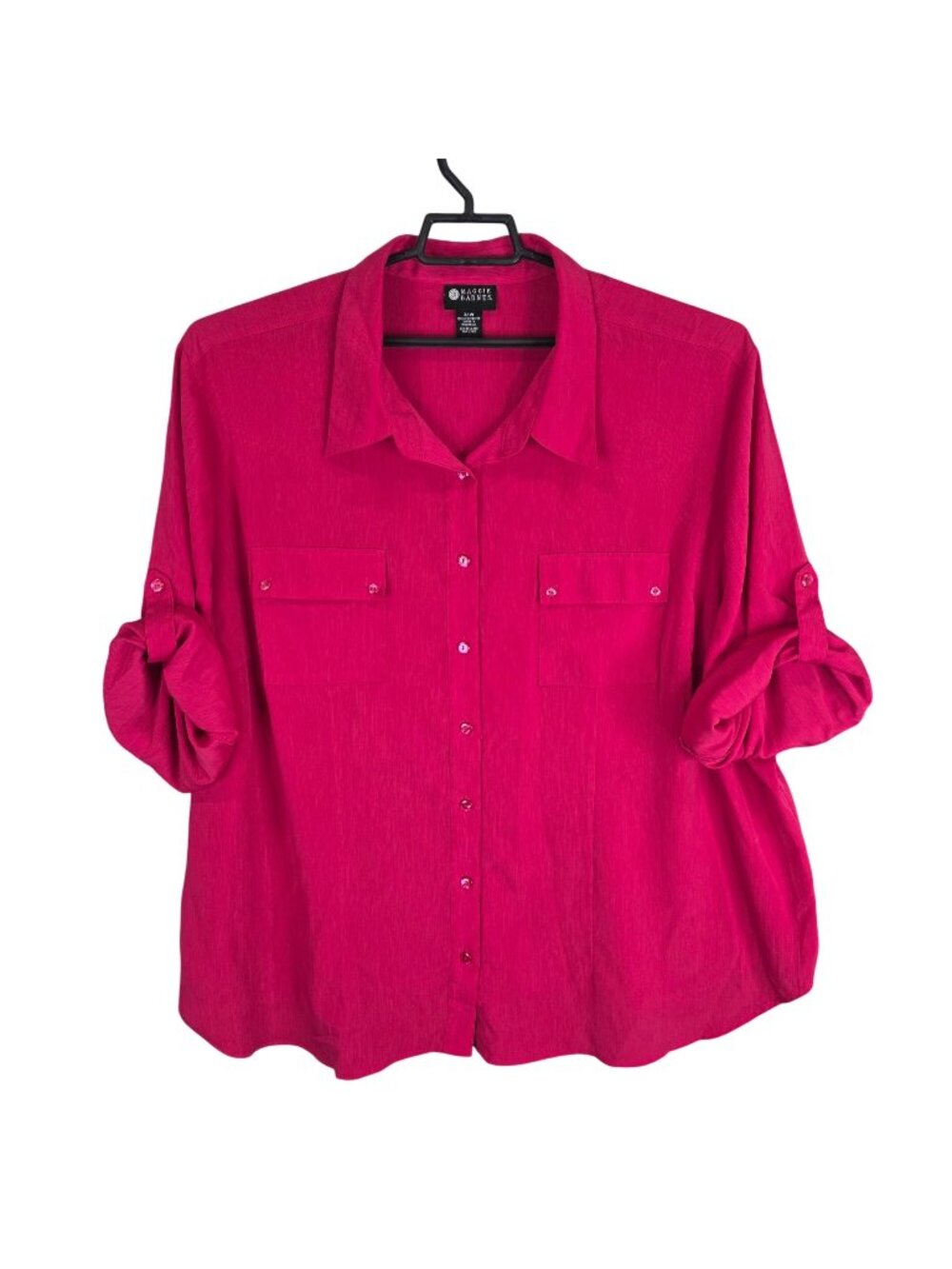 Womens Maggie Barnes Fuchsia Button Up Blouse Roll Tab Sleeves Plus Size 32W